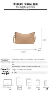 Detailed technical diagram showing dimensions of the khaki PU bucket bag with strap
