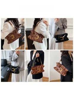 Fashionable pleated cloud bag with metallic chain and buckle detail for women