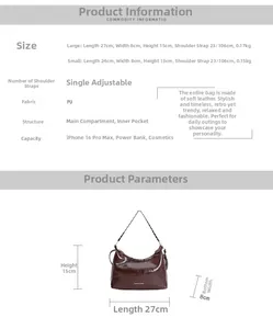 Detailed size comparison of large and small brown PU leather tote bags with dimensions