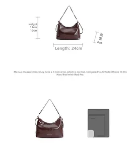 Detailed size comparison and dimensions of a brown high-gloss chain shoulder bag