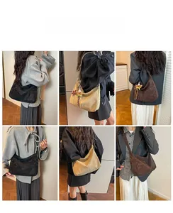 Three colors of minimalist large suede hobo shoulder bags shown on models in daily use