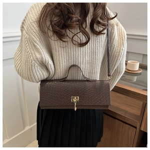 Detail of deep brown woven texture handbag featuring gold clasp and sleek shoulder strap
