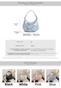 Detailed spec sheet of a mini bow hobo bag with size 14x9x4cm and four color options