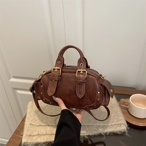 Vintage PU Leather Boston Shoulder Bag For Women Retro Rivet Dual Handle Crossbody Bag Fashion Daily Commuting Small Bag