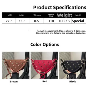 Tableau des tailles détaillé montrant les dimensions et couleurs du sac hobo à clous