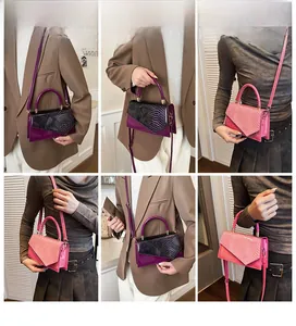 Detail of square crossbody bag in purple and pink patent leather with snake pattern