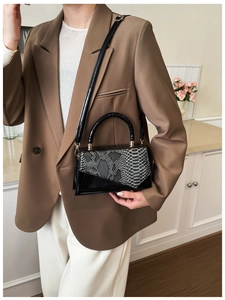 Chic small square bag with snake print detail shown on a model in a modern indoor setting