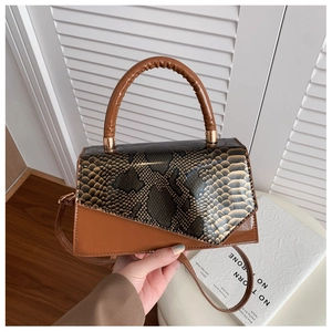Close-up of brown crossbody bag featuring snakeskin texture and asymmetric geometric flap