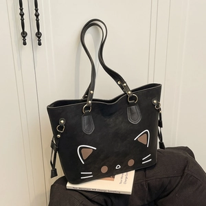 Women Large Capacity PU Leather Tote Bag Cute Cartoon Cat Pattern Shoulder Bag With Tassel Gold Hardware Casual Daily Handbag