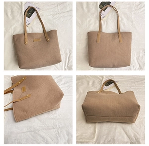 Detailed views of khaki corduroy tote bag showing leather handles and texture