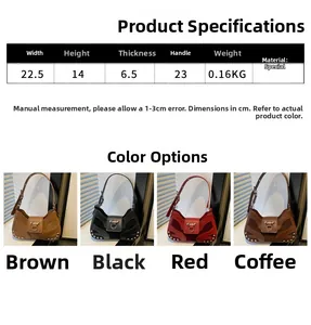 Detailed size chart for retro rivet shoulder bag with 22.5cm width and 14cm height