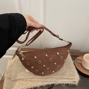 Women's Vintage Suede Rivet Shoulder Bag Fashion Punk Half Moon Crossbody Bag With Metal Ring Commuter Messenger Bag