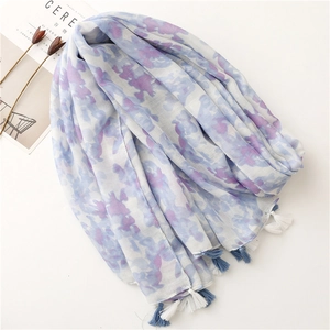 Artistic blue and white cotton linen scarf with ink painting print and handmade tassels