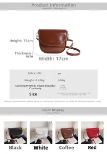 Size chart for PU leather crossbody bag showing dimensions and four available colors