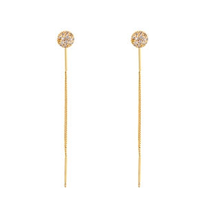 Elegant gold tassel earrings with paved zircon spheres and slim metal chain on white background