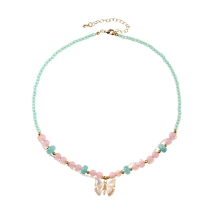 Sweet multi-color beaded necklace with shell butterfly pendant and gold hardware on white