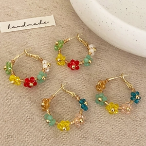 Handmade Woven Flower Hoop Earrings Bohemia Style Colorful Crystal Beads With 925 Sterling Silver Earring Post