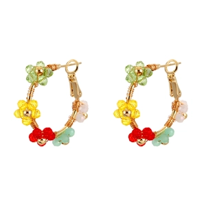 Colorful crystal flower hoop earrings with handmade gold wire wrap and beads