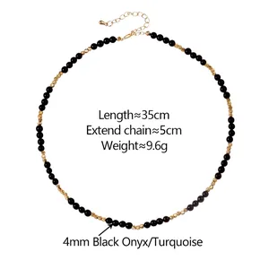 Handmade 4mm black agate and turquoise beaded necklace with golden adjustable chain