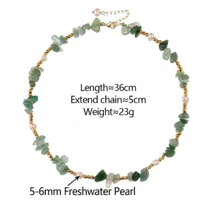 Handmade beaded necklace with irregular green stones, freshwater pearls and gold beads