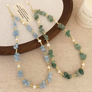Handmade Irregular Natural Stone And Freshwater Pearl Beaded Necklace With Gold Plated Beads Jewelry For Women