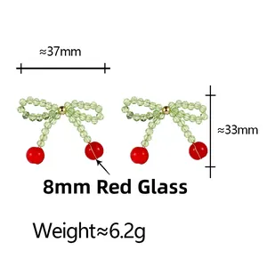 Handmade cherry bow earrings with green beads and red 8mm glass pearls, fashion jewelry