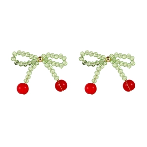 Handmade cherry earrings with green beaded bow and red crystal beads for women