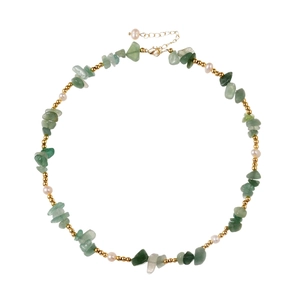 Handmade necklace with irregular green natural stones, white pearls, and gold bead accents