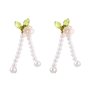 French luxury flower pearl earrings with gold plating and green leaf charms for women