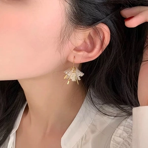 Minimalist crystal tassel earrings featuring cluster bead drop design on model