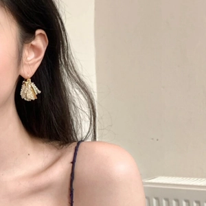 Detail of luxury champagne crystal tassel earrings shown on a model with golden hooks