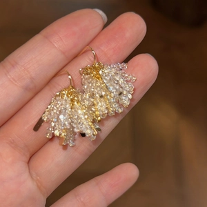 Close-up of elegant gold crystal tassel earrings with sparkling beaded fringe detail