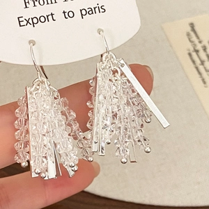 Macro view of crystal tassel earrings with silver pendant bars and shimmering beads
