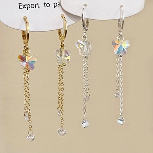 Butterfly Tassel Drop Earrings Iridescent Crystal Zircon Brass Elegant Dangle Jewelry For Women