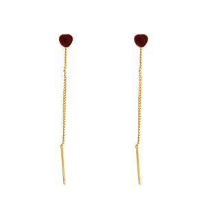 Elegant gold drop earrings with deep red enamel hearts and long hanging chains
