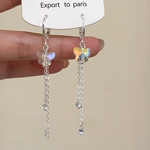 Sparkling butterfly tassel earrings with iridescent crystals and long silver chains