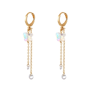 Golden butterfly tassel earrings with iridescent crystals and elegant long chain fringe