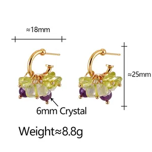 Chic gold hoop earrings with purple and green crystal beads with size specifications