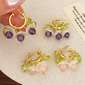 Crystal Flower Hoop Earrings Copper Earring Post Natural Stone Petal Beads Sweet Natural Forest Style Jewelry For Women