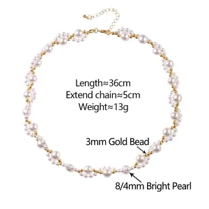 Elegant wavy pearl necklace with golden alloy beads and adjustable extension chain