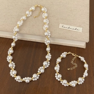 Elegant Faux Artificial Pearl Gold Bead Wavy Twisted Necklace Bracelet 14K Gold Plated Copper Adjustable Jewelry Women