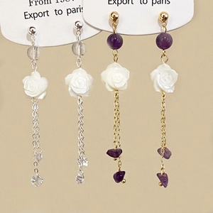 Retro Long Chain Tassel Dangle Earrings Copper Jewelry With White Rose And Purple Stone Beads For Women