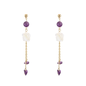 Elegant vintage gold-plated drop earrings with shell roses and purple stone tassels