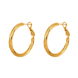 Classic gold hoop earrings with textured spiral design and secure latch back closure