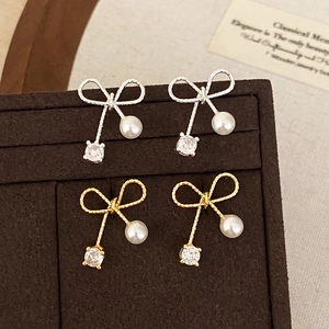Bow Knot Stud Earrings Copper With Artificial Pearl And Cubic Zirconia Geometric French Elegant Jewelry For Women