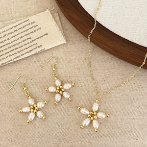 Bijoux Collier Boucles Oreilles Pendentif Fleur Étoile Perle Eau Douce Vintage Cuivre Plaqué Or 14K Géométrique Rétro Femmes
