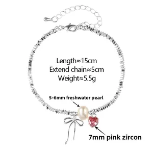 Detail of silver bow bracelet with pink heart zircon and pearl including size specs