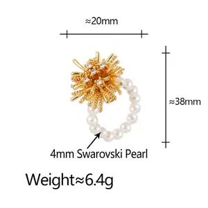 Luxurious gold dandelion ring with shimmering crystals and 4mm elegant white pearls