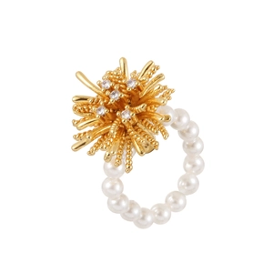 Elegant dandelion pearl ring with gold starburst accent and sparkling zircon details