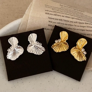 Fan Shape Stud Earrings Pleated Twisted Copper With Zircon And 925 Sterling Silver Earring Post Vintage Elegant For Women
